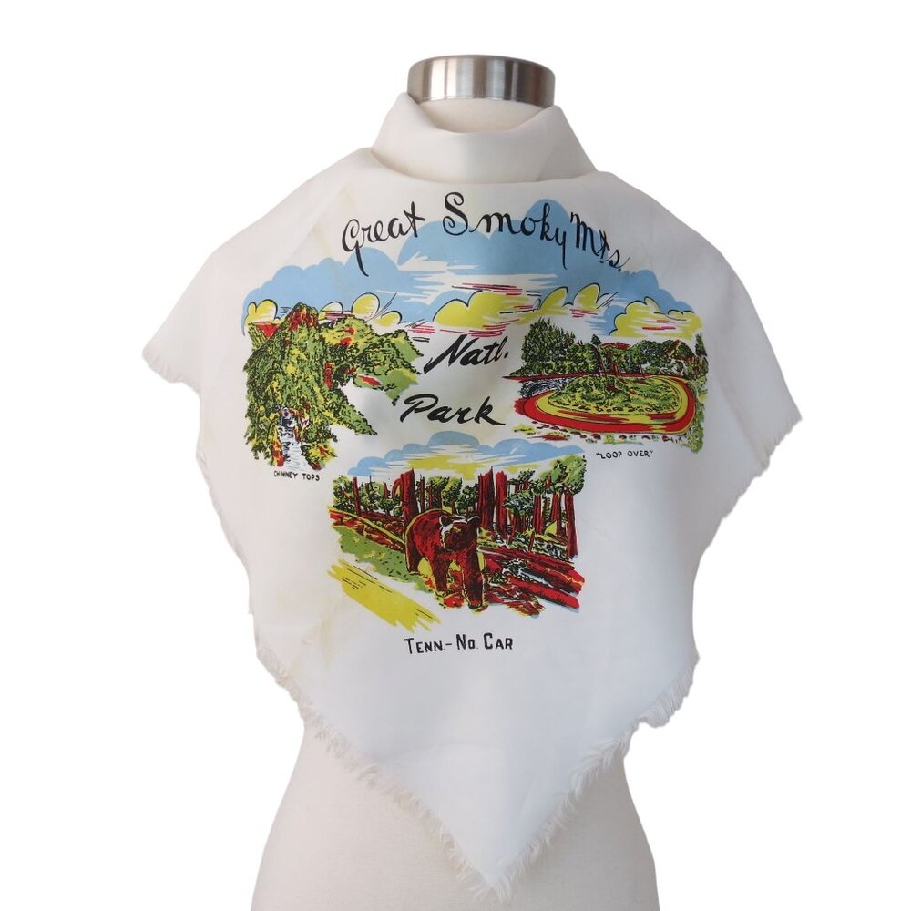 VINTAGE Great Smoky Mountains National Park Souvenir Scarf White Square Fabric - Picture 2 of 5